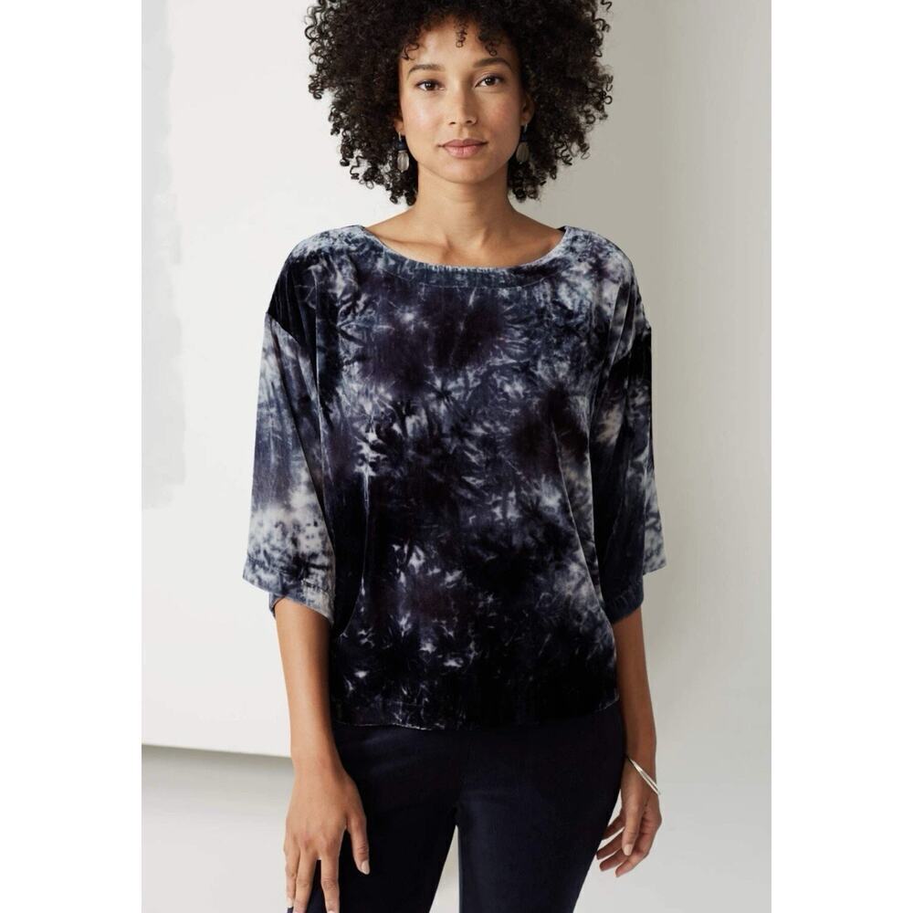 Pure Jill Tie-Dyed Deep Blue Velvet Square-Sleeve Top Size L Boho Blue Purple